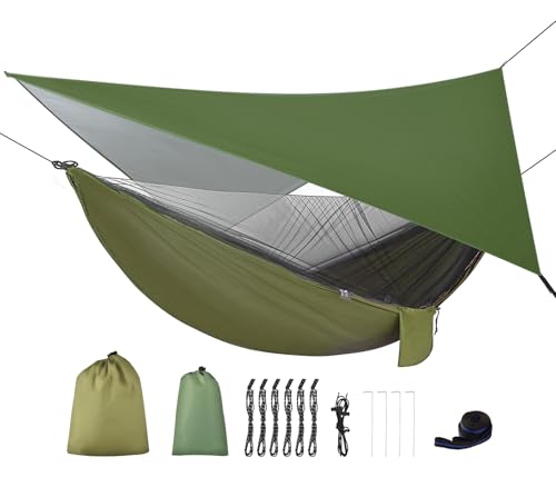 Camping Hammock with Rain Fly Tarp and Mosquito Net Tent Tree Straps, Portable Single Double Nylon Parachute Hammock Rainfly Set for Backpacking Hiking Travel Yard Outdoor Activities Green - color: Green