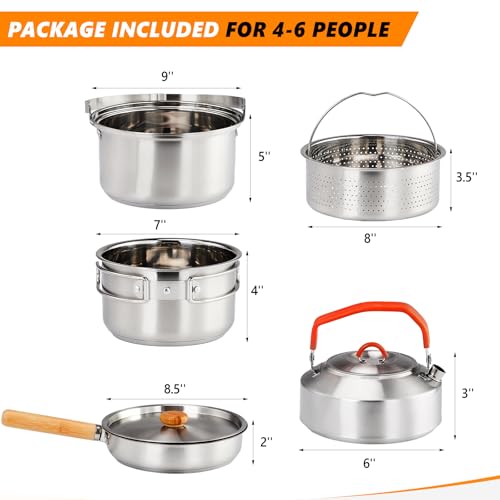 ROVSUN 34/10/6 pcs Camping Cookware Mess Kit, Lightweight Non-Stick Camping Cooking Pot and Pan Set with Stainless Steel Camping Gear Kettle Cup for Open Fire, Backpacking, Outdoor Cooking - style: 6 Pcs