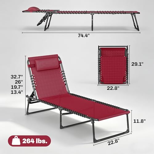 Outsunny Folding Chaise Lounge Chair, Patio Sun Tanning Chair, Outdoor Chaise Lounger with 4-Position Reclining Back, Breathable Mesh Seat for Beach, Poolside, Yard, Wine Red - color: Wine Red, size: 1 Pack