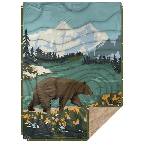 Outdoor Camping Blanket with Sherpa Lining, Extra Warm Thick Camp Blankets and Puffy Ultralight Soft Poncho DWR Camping Quilt for Cold Weather, Adventure, Sleeping, Backpacking 78"x 56" - color: Haze Blue, size: 78 x 56 inches