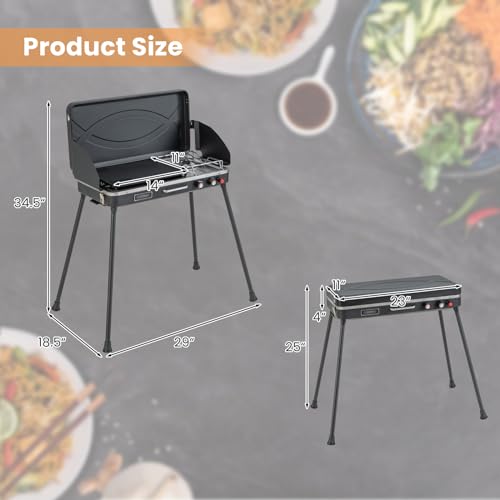 HAPPYGRILL Portable Camping Stove, 2-Burner Propane Grill Cooker with Removable Leg Stand, Roast Grill, Dual Control Knobs, Wind Guards, Outdoor Gas Grill for Camping BBQ Picnic (Black) - color: Black