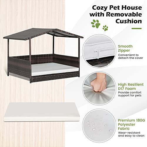 Tangkula Wicker Dog House, Indoor Outdoor Raised Rattan Dog Bed w/Removable Cushion, Washable Cover, Weatherproof Roof, Rattan Puppy Shelter w/Elevated Floor for Small Medium Dogs (White) - style: White