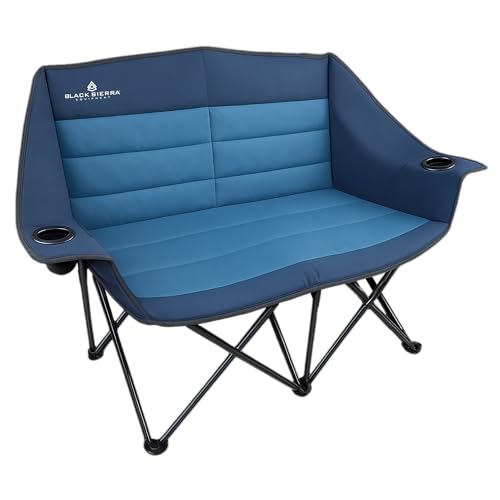 Black Sierra Double Camping Chair, Padded Oversized Loveseat, 2 Person Folding Seat Supports 500 lbs, Portable Outdoor Sofa for Beach, Tailgating, RV, Sports, Patio - color: Denim and Moroccan Blue