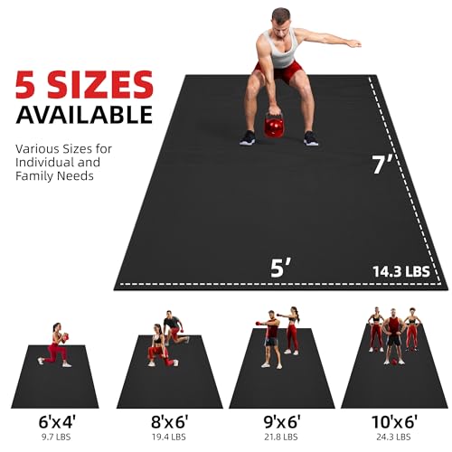GymCope Extra Large Exercise Mat, 10'x6'/9'x6'/8'x6'/7'x5'/6'x4'(8mm) Thick Workout Mat for Home Gym & Garage Flooring, Shoe-Friendly, High-Density, MMA, HIIT, Weight Lifting, Cardio&Strength - color: 7'x5'x8mm-Black
