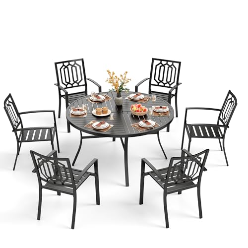 PHI VILLA 7 Pieces Outdoor Round Dining Set for 6, Wrought Iron Dining Circular Table with Umbrella Hole & Stackable Metal Steel Chairs, Large Dining Furniture Set for Patio, Deck, Yard, Porch - color: Hexagon Back Chair, size: 7pcs-54" Round Table