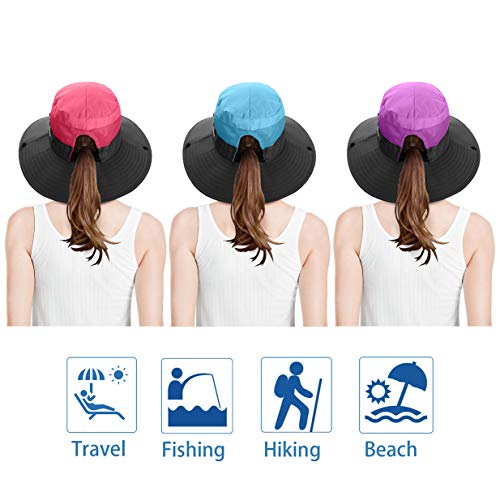3 Pieces Womens Ponytail Wide Brim Sun Hat Packable UV Protection Beach Cap for Fishing & Hiking - color: Purple＆watermelon Red＆sky Blue