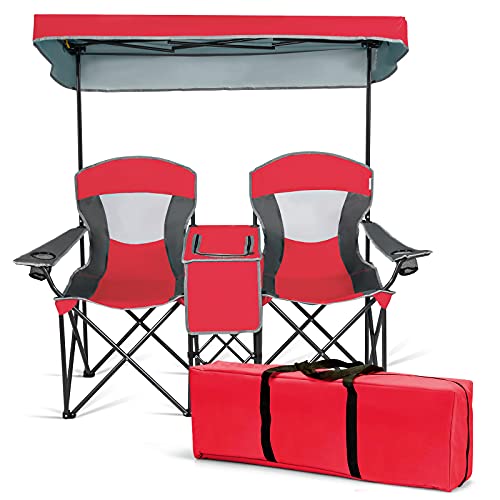 DORTALA Double Camping Chair with Canopy, 2 Person Folding Beach Chair with Canopy Shade, Table Beverage Holder and Storage Bag, Double Rocker Chair Outdoor for Camping, Beach, Picnic, Red - color: Red
