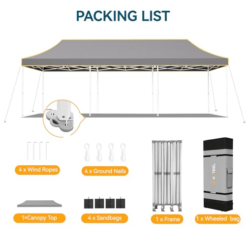 Hoteel 10x30 Pop Up Canopy Tent Heavy Duty Without Sidewalls, Waterproof Party Tent, Easy Set-up Commercial Instant Tents with Roller Bag & Sandbags, Hexagonal Leg (1-Year Warranty) - color: Gray, size: 10×30 （No Walls）