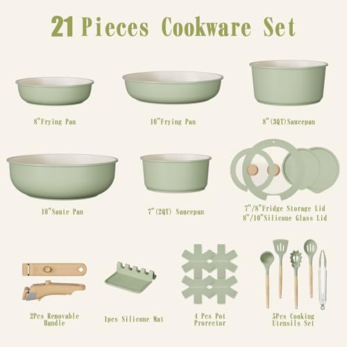 Umite Chef Non Stick Pots and Pans Set, 21 Pcs Ceramic Kitchen Cookware Set with Detachable Handle, Nonstick Healthy Induction Cookware, Dishwasher RV Cookware Set, Oven Safe, Stackable, Sage Green - color: Saga Green
