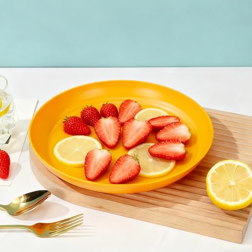 4 Pcs Unbreakable Wheat Straw Plates Set, 7.8 Inch Reusable Plastic Dinner Plates, Microwave Dishwasher Safe, Lightweight Plates for Kitchen Camping, BPA Free (Yellow) - color: Yellow