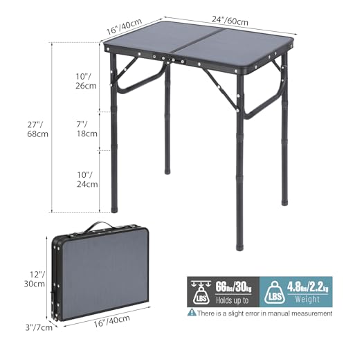 REDCAMP Small Camping Table 2ft, Portable Aluminum Folding Table Adjustable Height Lightweight for Picnic Beach Outdoor Indoor, Gray - size: Rectangle 2ft(24"x16")