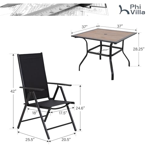 PHI VILLA Outdoor Patio Dining Set for 4, Patio Table and Chairs Set with Folding Patio Chairs & Square Wood Like Top Table for Garden, Deck and Lawn, Black - color: Black, size: 5 Piece Square