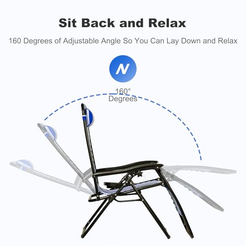 Nazhura Set of 2 Relaxing Recliners Patio Chairs Adjustable Steel Mesh Zero Gravity Lounge Chair Beach Chairs with Pillow and Cup Holder (Navy Blue Stripe) - color: Navy Blue Stripe