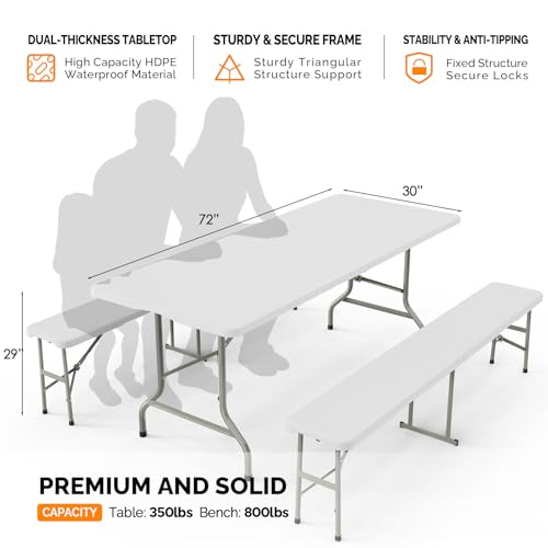 Bonnlo White Folding Picnic Table Set with 2 Benches, 6 Feet Camping Table Chair Set, Modern Portable 3-Piece Furniture for Indoor/Outdoor Use, White Folding Picnic Table with Smooth Tabletop - color: White