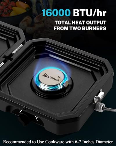 Gonex 2 Burner Propane Camping Stove with Griddle & Grates, Portable Foldable Cooking Stove with Total 16,000 BTU, Two Piezo Ignition Adjustable Burners for Camping, Patio, Emergency, Hiking (Black) - color: Black