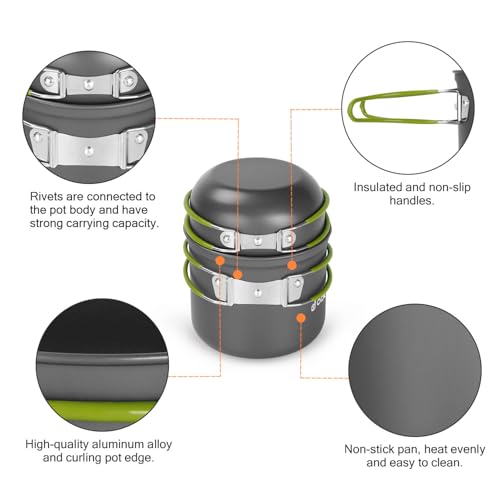 Odoland 16pcs Camping Cookware Mess Kit, Lightweight Pot Pan Mini Stove with 2 Cups, Fork Spoon Kits for Backpacking, Outdoor Camping Hiking and Picnic
