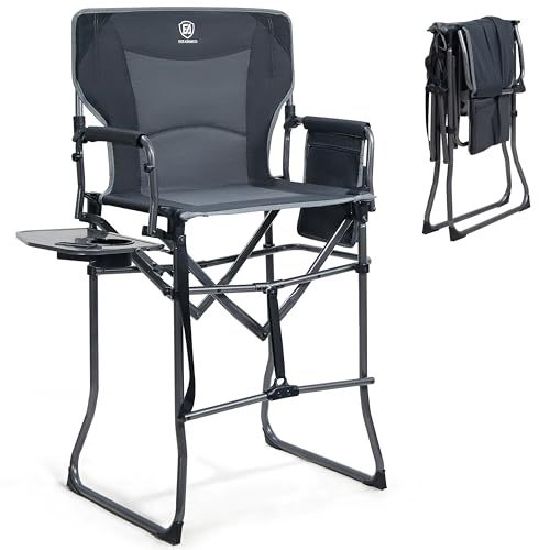 EVER ADVANCED Portable 30.7" Seat Height Tall Folding Camping Chair Directors Chair High Foldable Bar Stool with Side Table for Makeup Artist, Sports Event, Craft Show, Supports 350LBS - color: Grey