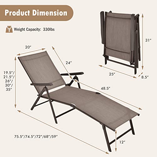 Tangkula Folding Lounge Chair Outdoor, Recliner Chaise Lounge with 5-Position Adjustable Backrest & 2-Position Footrest, No Assembly Required, Suitable for Patio Poolside Beach Yard (1, Brown) - color: Brown