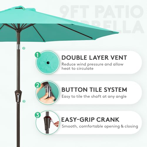 JEAREY 9FT Outdoor Patio Umbrella Market Umbrella with Push Button Tilt and Crank, Outdoor Table Umbrellas 8 Sturdy Ribs UV Protection Waterproof for Garden, Deck, Backyard, Pool (Teal) - color: Teal