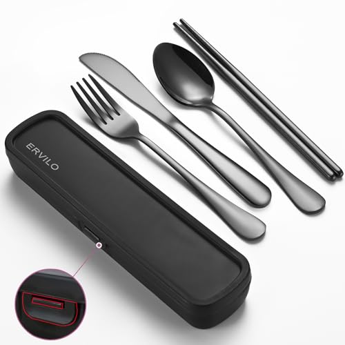Travel Utensils with Case, Stainless Steel Camping Cutlery Set, Reinforced Case with Snap-Lock Closure, Include Fork Spoon Knife Chopsticks, Portable Lunch Box Silverware for Picnic Office, Black - color: Black