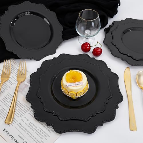 COLOSUS 100pcs Black Plastic Plates - Heavy Duty Black Plastic Plates Disposable for Party/wedding/New Year Include 50pcs Dinner Plates and 50pcs Dessert Plates. - color: Black