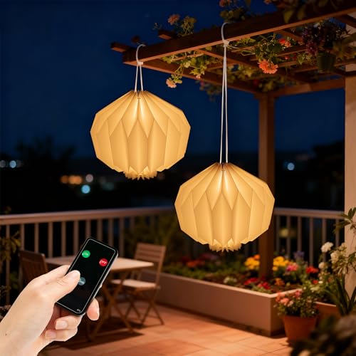 Battery Operated Outdoor Paper Lantern — 2Pack Waterproof Hanging Decorative Light with Remote Timer, Foldable Pendant Paper Lantern for Patio Garden Backyard, Porch Decor - style: Lantern-2pc