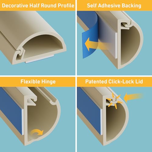 D-Line Half Round Cord Hider, Patented Cable Cover, Hide TV Wall Mount Wires, Raceway for Cords, Decorative Wire Covers, Paintable, Adhesive Cable Concealer, 2X 0.78in W x 0.39in H x 39in L, Beige - color: Beige, size: 0.78x0.39in - 2x 39in