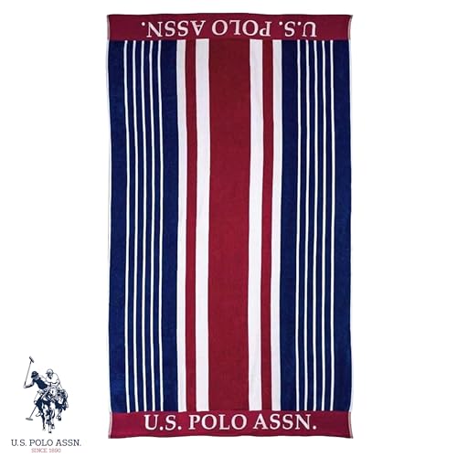 U.S. Polo Assn. Oversized (40” x 70”) Striped Nautical Design Beach Towel - Luxury Plush Cotton Hotel Quality for Bath, Pool - Blue/Red/White - color: Blue/Red/White, size: 40" x 70"