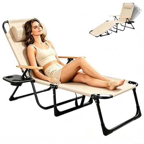 Foldable Chaise Lounge Chair Outdoor, Tanning Chair with 4-Position Reclining Back, Folding Sun Lounger, Outdoor Lounge Chair for Beach, Poolside, Backyard, Camping, UPF 50+, 300 LBS - color: Beige