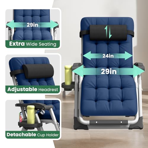 Oversized Zero Gravity Chair XL, 29In Padded Lounge Recliner Camping Chair with Removable Cushion, Adjustable Headrest, Storage Bag, Footrest, Cup Holder & Full Aluminum Lock, Supports 450 lbs, Blue - color: 29in - Blue-1