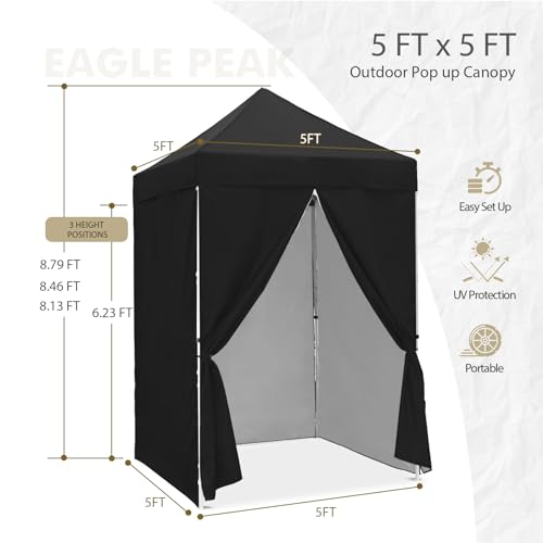 EAGLE PEAK 5x5 Instant Canopy with 4-Side Wall Panels, Small Pop up Portable Canopy Tent with Carry Bag, Light Weight Sun Shelter for Sports, Camping and Beach, Black - color: Black
