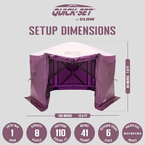 Clam Pavilion 12.5' Pop-Up Screen Tent – Plum Outdoor Camping Gazebo Canopy with Wind Panels, Mesh Netting & Carry Bag – 6-Sided Portable Shelter for 8 People – Fast Setup Patio or Event Tent - color: Plum