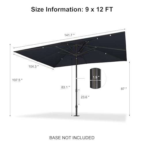 PURPLE LEAF 12' x 9' Rectangular Semi-Auto Outdoor Patio Umbrella Aluminium Market Umbrella Table Sun Umbrella with 1.89" Rod and 8 Sturdy Ribs for Deck Lawn Pool Garden, Navy Blue - color: Navy Blue, size: 9' x 12'