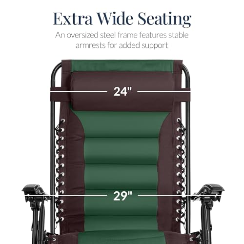 Best Choice Products Oversized Padded Zero Gravity Chair, Folding Outdoor Patio Recliner, XL Anti Gravity Lounger for Backyard w/Headrest, Cup Holder, Side Tray, Polyester Mesh - Espresso/Green - color: Espresso/Green
