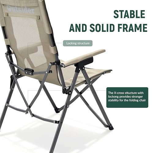 OUTSIDER 3-Position Portable Camping Chair- Heavy Duty 350 lb, Breathable Mesh, Outdoor Folding Chair for Camping, Lawn, Backyard - Includes Carry Backpack & Quick-Hook Ports