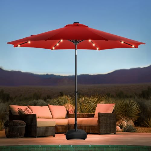 wikiwiki 10FT Solar Led Patio Umbrella with Base Included, 32 LED Lights, 8 Sturdy Ribs, Fade Resistant Waterproof POLYESTER DTY Canopy for Garden, Lawn, Deck, Backyard & Pool, Red - color: Red, size: 10FT