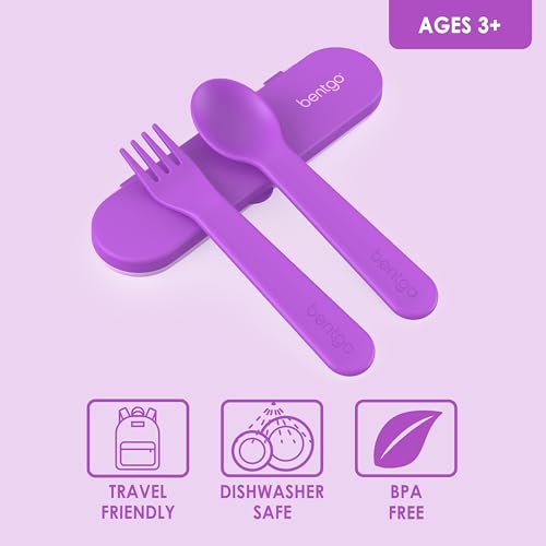 Bentgo Kids Utensil Set - Reusable Plastic Fork, Spoon & Storage Case - BPA-Free Materials, Easy-Grip Handles, Dishwasher Safe - Ideal for School Lunch, Travel, & Outdoors (Purple) - color: Purple