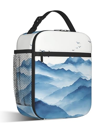 Insulated Lunch Bag,Blue Mountain Durable Lightweight Lunch Box for Kids,Watercolor Hill Portable Thermal Picnic Cool Bags Girls Boys School Daycare,Work,Camping - color: Blue Mountain
