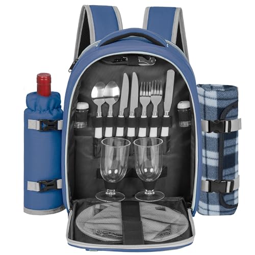 Picnic Backpack for 2 Persons with Insulated Leakproof Cooler Compartment, Cutlery Sets, Wine Holder, Fleece Blanket, Wedding Gifts for Couples, Perfect for Beach, Camping, Hiking, Blue - color: Blue, size: For 2 Persons