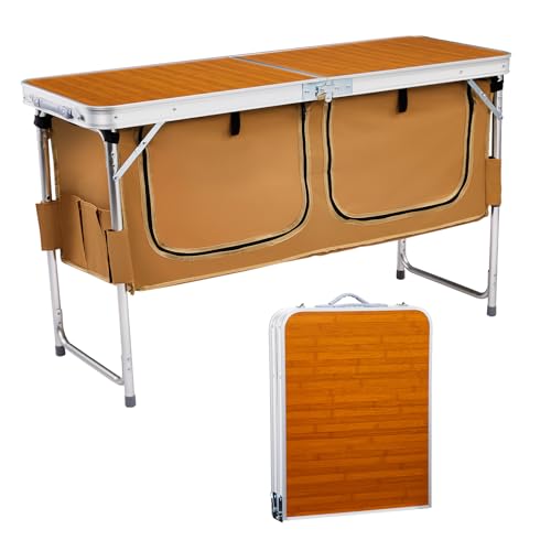 VINGLI 4 Ft Folding Table, Aluminum Camping Table, Picnic Table with Storage, Adjustable Height for Outdoor Beach BBQ Backyards Travel Party (Brown) - color: Brown