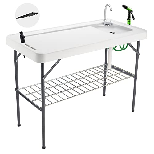 Folding Fish Cleaning Table Portable Camping Sink with Faucet Drainage Hose & Sprayer Outdoor Fillet Station Grid Rack Knife Groove for Picnic Fishing, Black - style: A Sink-Black