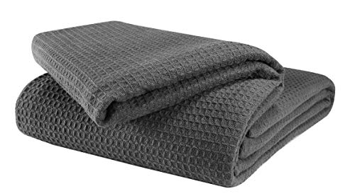 Glamburg 100% Cotton Thermal Blanket, Breathable Queen Size Waffle Blanket, All Season Cotton Blanket, Charcoal - color: Charcoal Grey, size: Queen (90"x90")