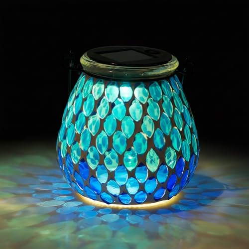 Starsoul Solar Lanterns Outdoor Waterproof, Elegant Blue Glass Mosaic Solar Lantern, Solar Hanging Lights Outside Patio Porch Yard Decor - color: Navy