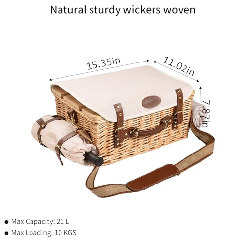 Multifunctional Wicker Picnic Basket Set for 4 Blanket Family Folding Wine Table,Insulated Portable Extra Big Storage Capacity Natural Woven Rattan Canasta De Full Tablewares Camping Outdoor Flowers - color: Nature