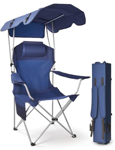 East Oak Camping Chair with Canopy | 25" High Back Folding Beach Chair with Canopy Shade, Supportive Headrest, Cup Holder, Side Pocket, 330 lbs Heavy Duty Canopy Chair for Outdoors - color: Blue, style: Camp Chair