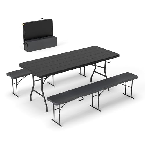 Real Relax 6' Picnic Table with 2 Benches, 3 Piece Black Wood Grain Portable HDPE Folding Camping Table and Benches for Courtyard, Garden, Outdoor Leisure, Party - color: Black