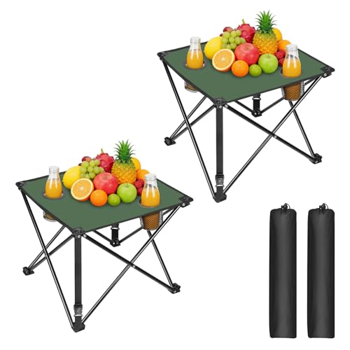 2 Pack Portable Camping Table, Ultralight Picnic Table Foldable with 2 Cup Holders and Carrying Bag for Outdoor Camping Picnic BBQ Beach Party Patio Fishing, Steel Frame, High-Grade 600D Oxford Fabric - color: Green, size: 2 Pack