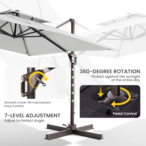 10x10 FT Cantilever Patio Umbrella Double Top Outdoor Square Large Heavy Duty Aluminum Offset Umbrellas with 7 Level Tilt 360-degree Rotation for Pool Garden Deck, Fog Grey - color: Fog Grey, size: 10' X 10' - Umbrella Only