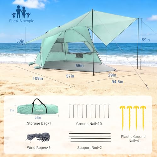 Elegear CumbreX™ Beach Tent with 360° Removable Canopy, 4-6 Person Pop Up Sun Shade Shelter, UPF 50+ Automated Installation Double Silver Coating Portable Lightweight Beach Cabana for Outdoor - Green - color: Green