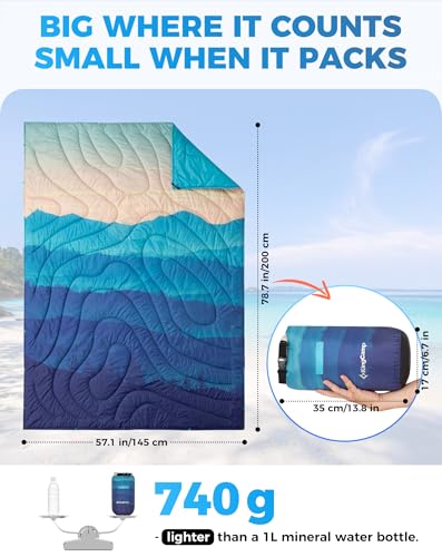 ingCamp Ultralight Camping Blanket, Packable Down Alternative Puffy Printed Wearable Blanket with Snap Buttons & Corner Loops Weatherproof Quilt for Outdoor Travel Stadium (78.7" x 57.1", Cyan/Orange) - color: Scenictrail-cyan/Orange, size: 79" x 57"